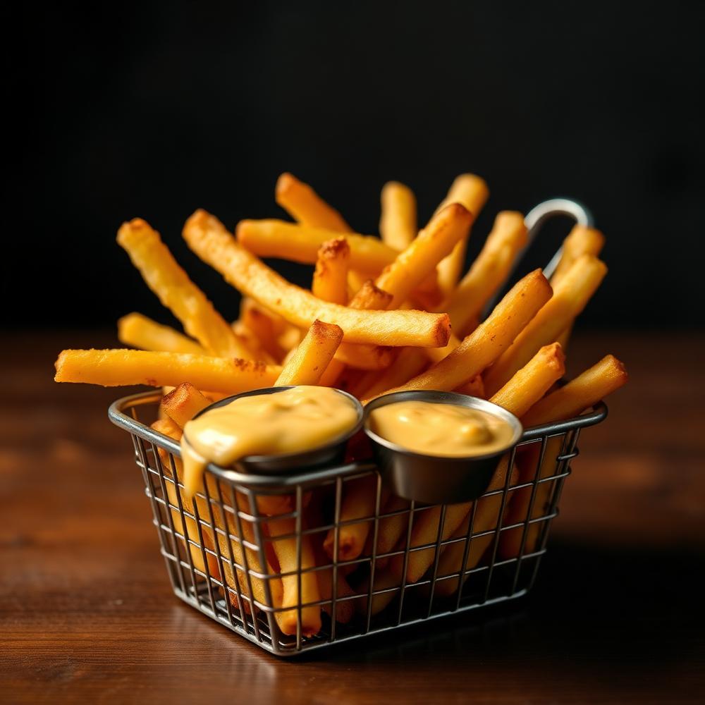 Basket of crispy fries with cheddar sauce