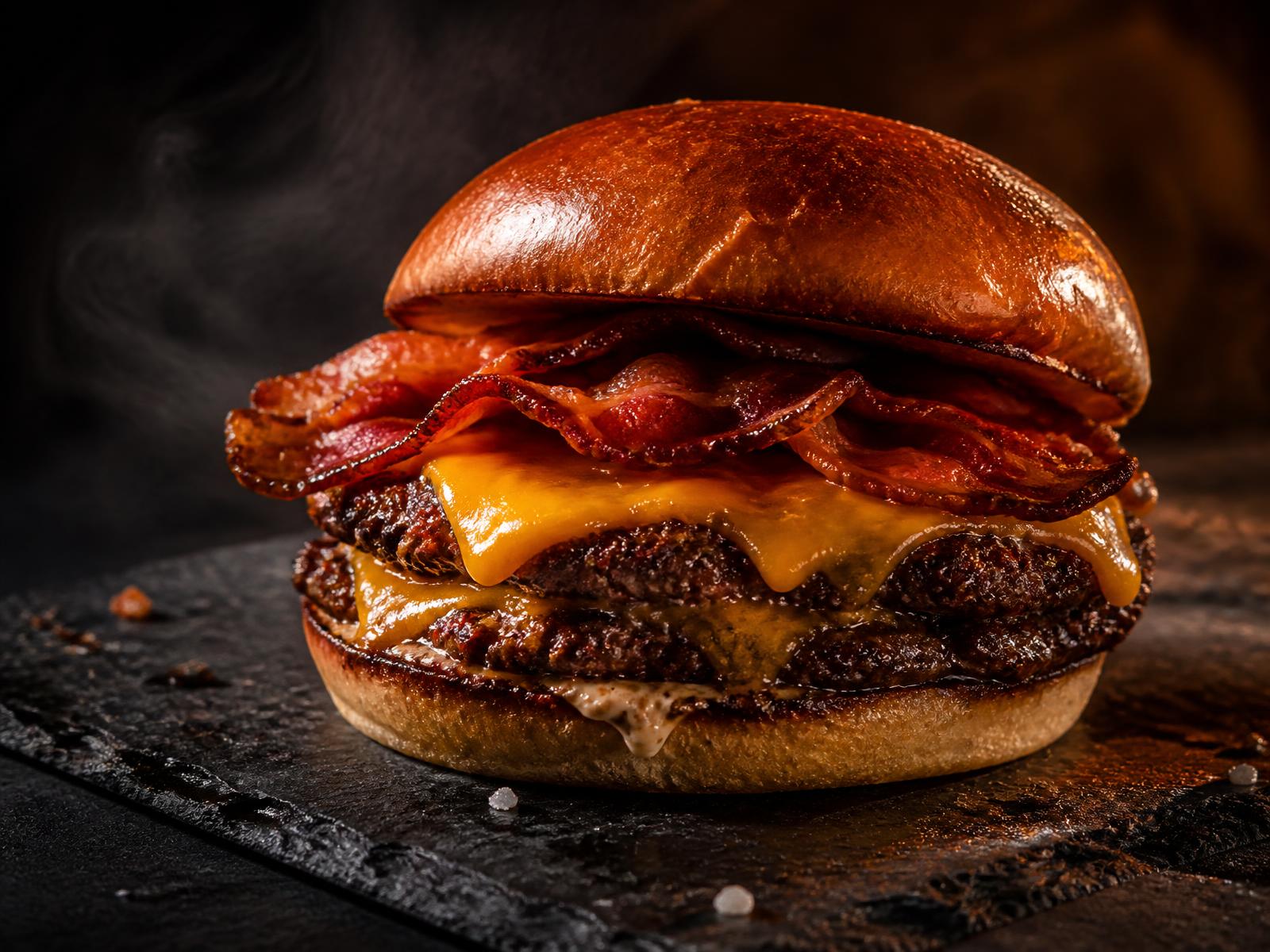 Bufallo's Food handmade burger with bacon and melted cheddar